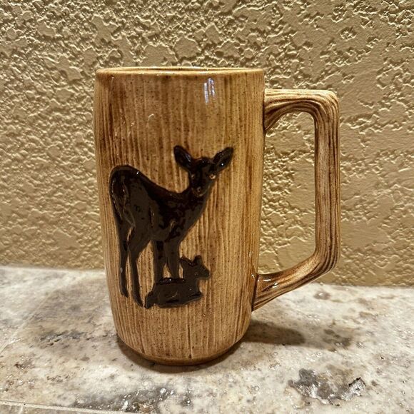 Vintage Mug Coffee Cup Deer Buck Doe Relief MCM 1980 3 Dimensional 3D wood 1st - Picture 1 of 5